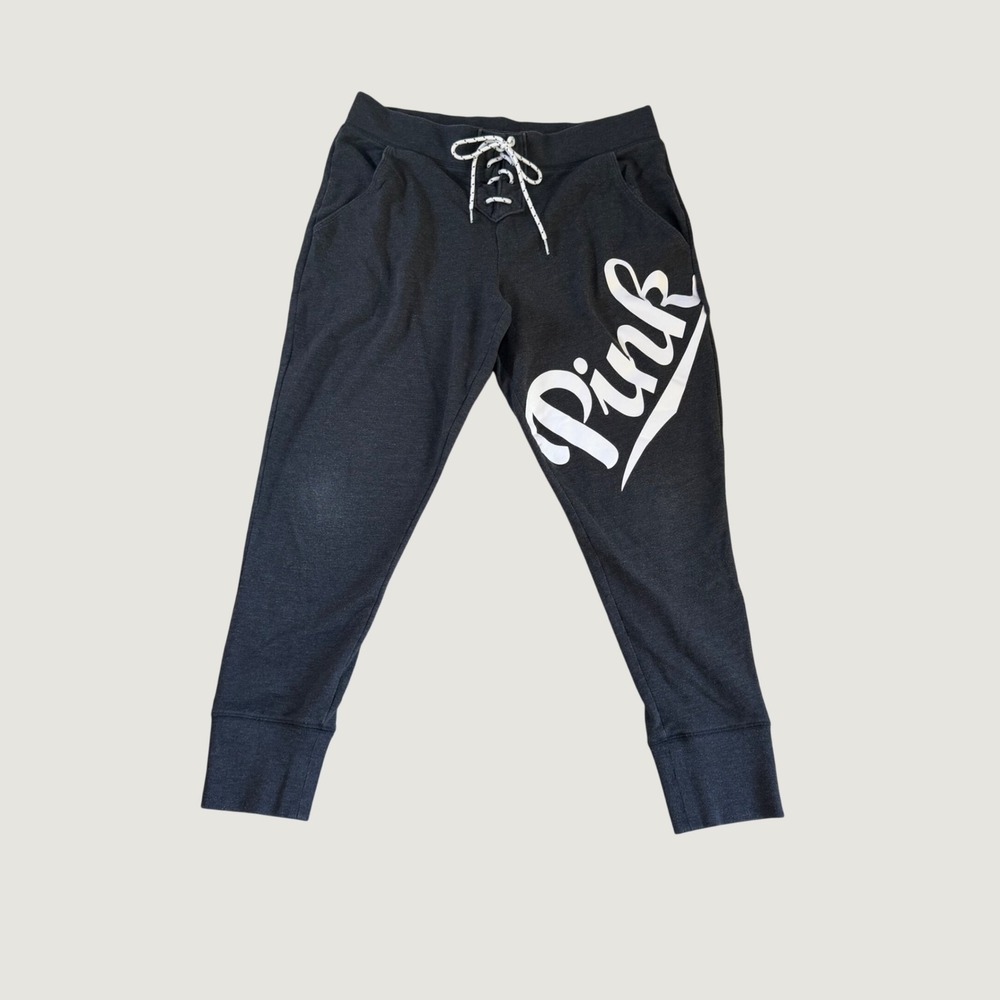 PINK Victoria's Secret Y2K Lace Up Joggers Charcoal Grey Graphic Logo Large